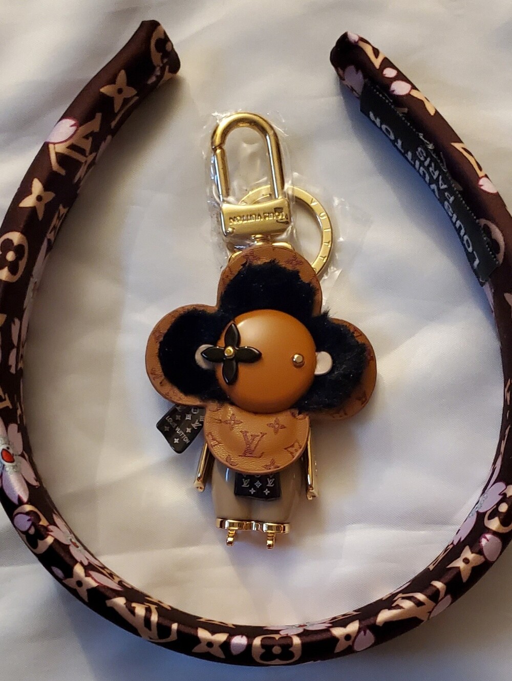 Flower Character Bag Charm, and Silk Brown & Pink  Floral Headband